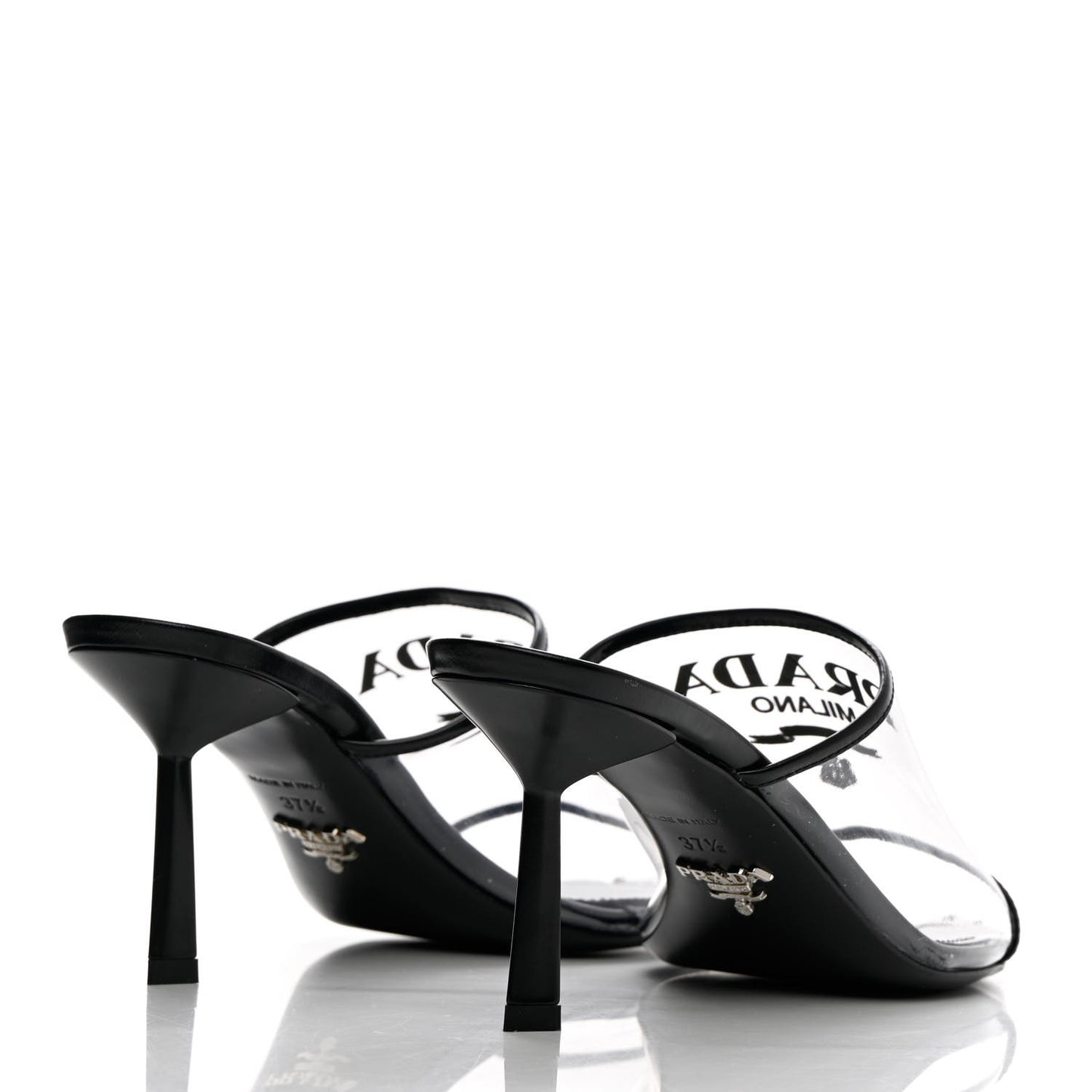 Plexiglass Calfskin Metal Triangle Logo 75mm Slide Sandals 37.5 Black