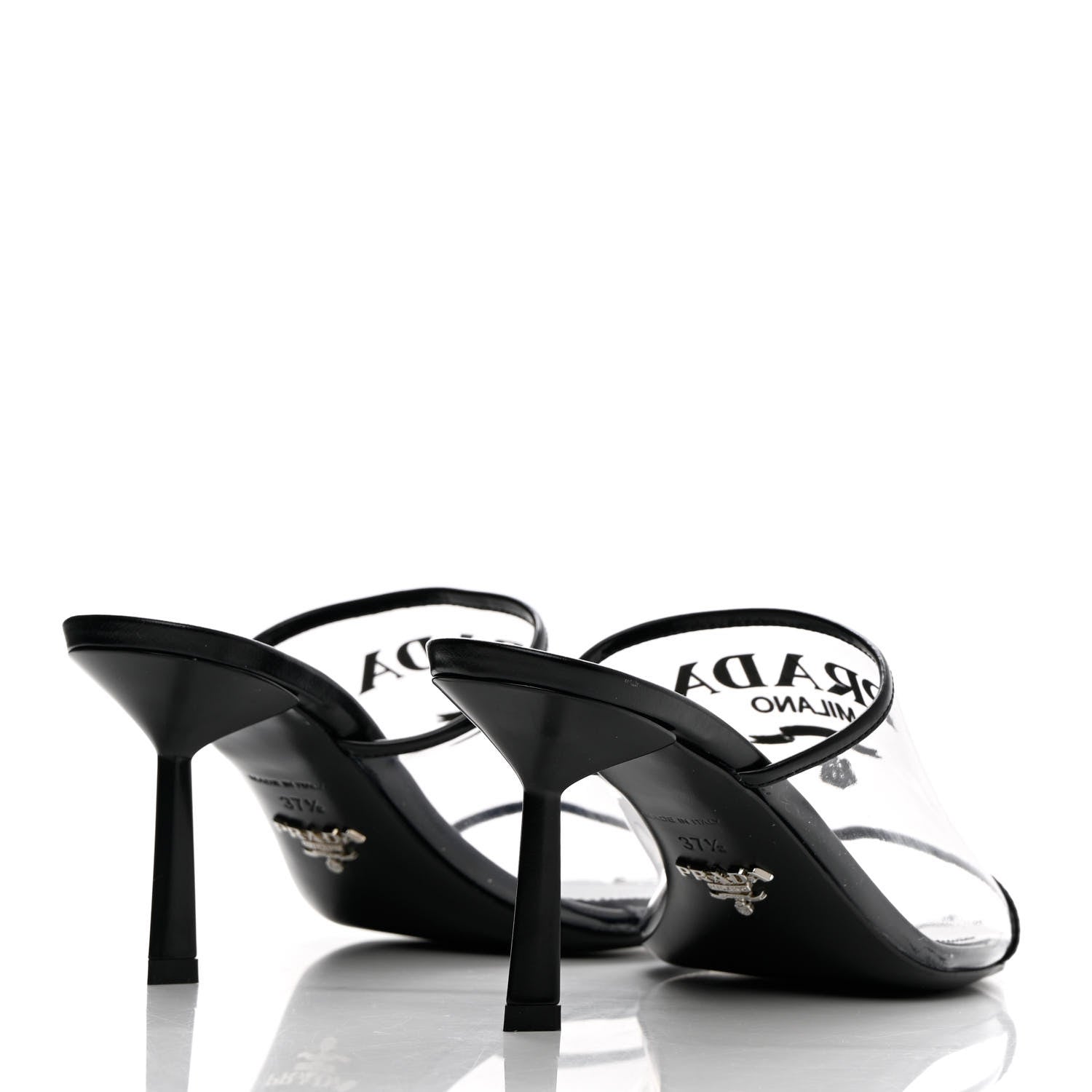 Prada Plexiglass Calfskin Metal Triangle Logo 75mm Slide Sandals 37.5 Black 4 of 12