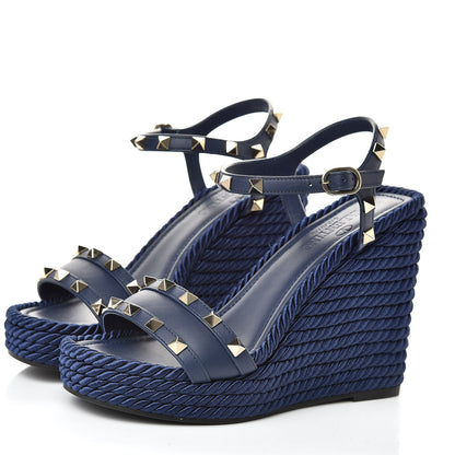 Valentino Garavani Calfskin Rockstud Torchon Espadrille 25/115mm Wedge Sandals 36 Pure Blue 3 of 8