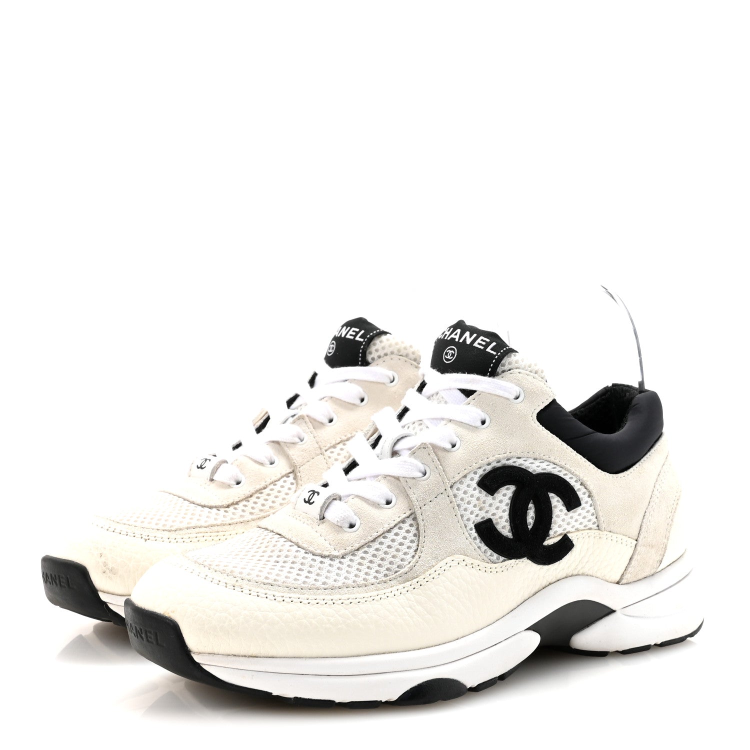 Chanel Mesh Suede Calfskin Grained Calfskin Womens CC Sneakers 38.5 White Black 4 of 9