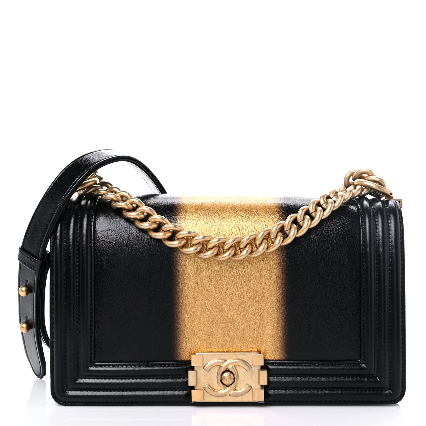 Metallic Glazed Calfskin Medium Boy Flap Black Gold
