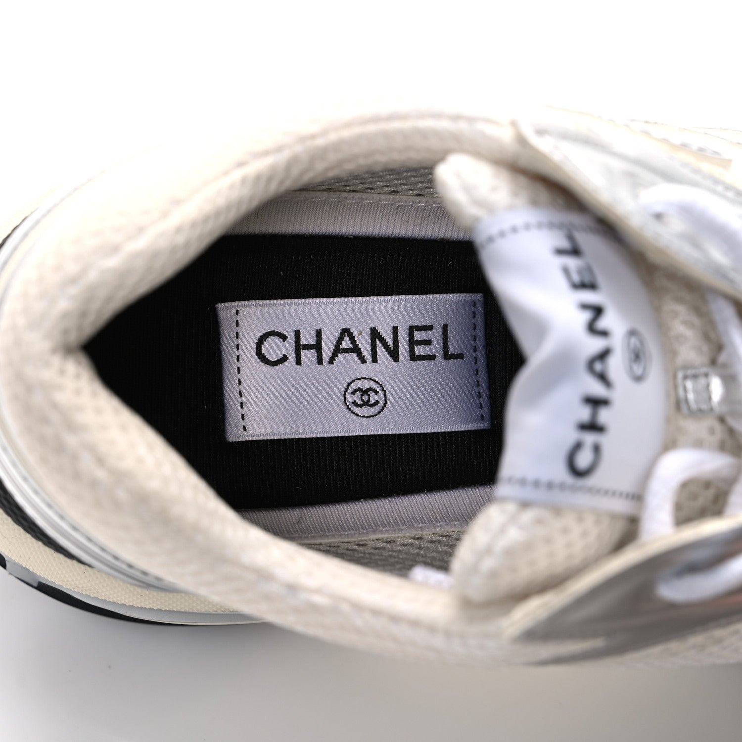 Chanel Fabric Laminated Calfskin Stretch CC Womens Sneakers 40 White Silver 10 of 13