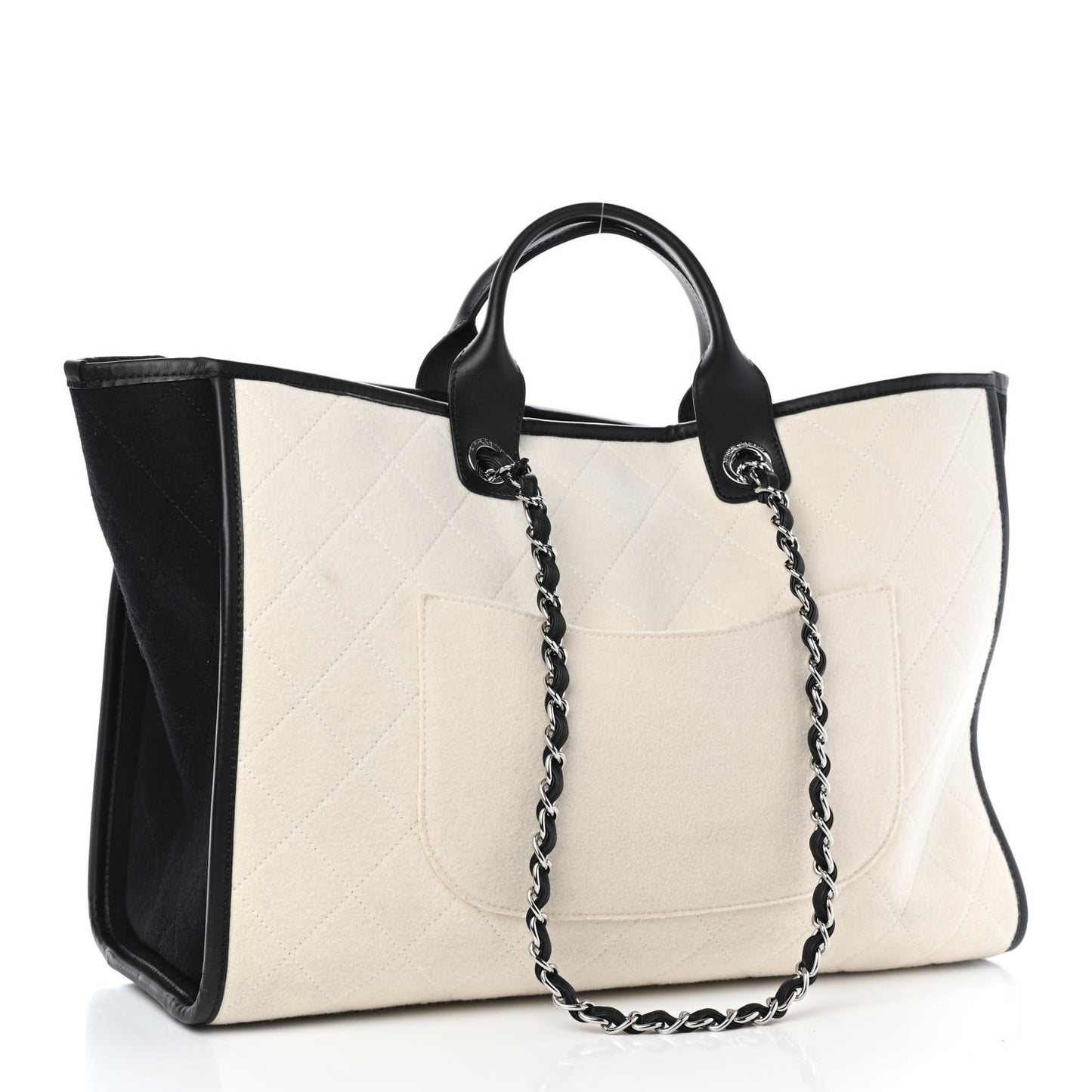 Wool Felt Calfskin Large Deauville Tote Black White