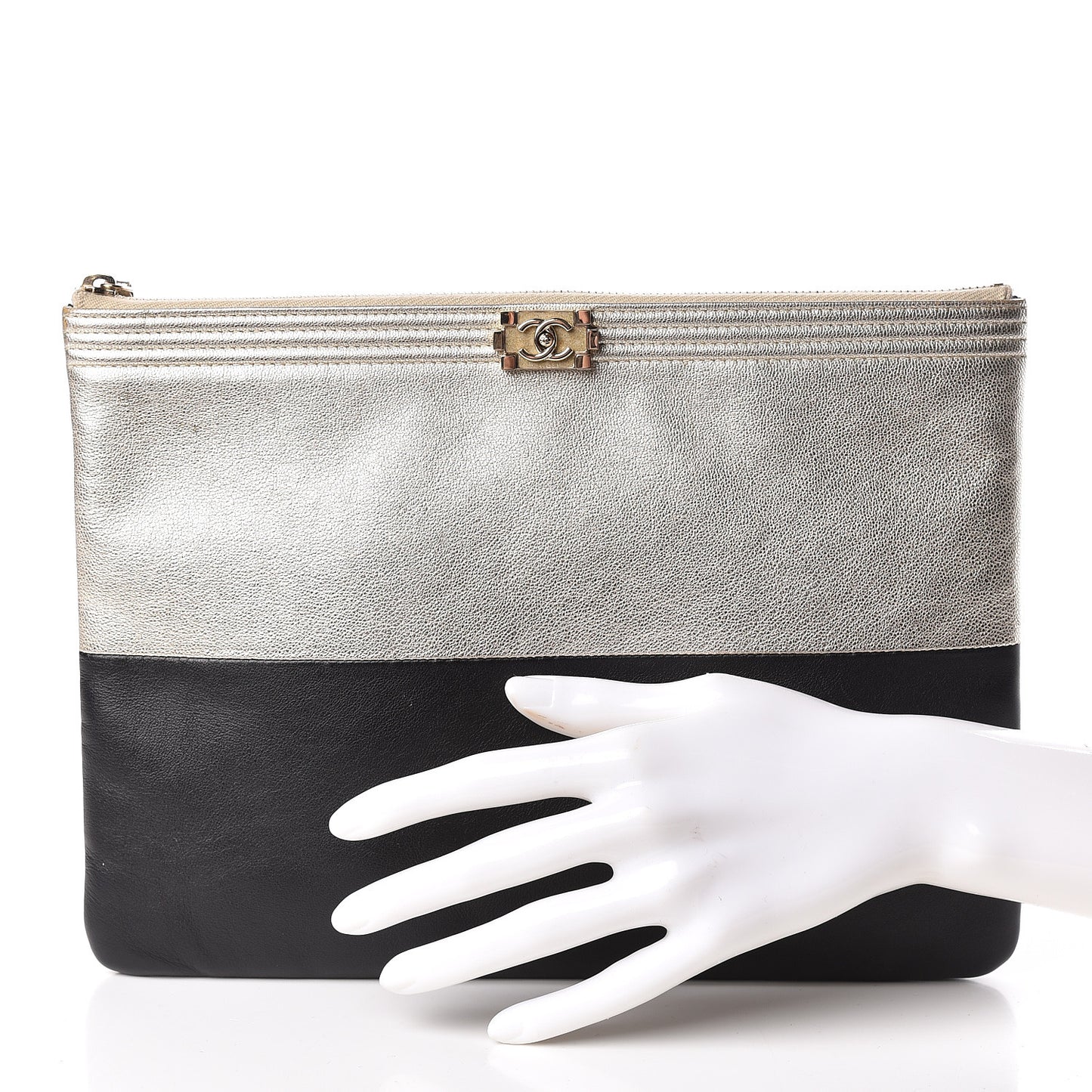Metallic Goatskin Lambskin Medium Boy Cosmetic Case Black Gold
