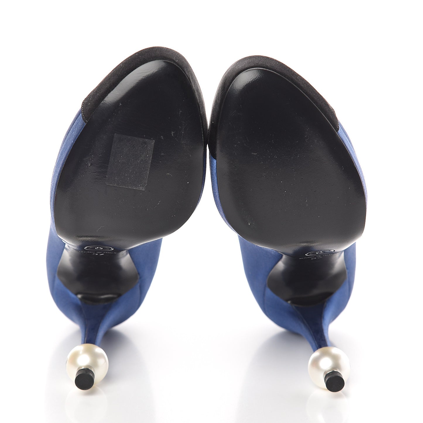 Satin CC Pearl Cap Toe Platform Pumps 37 Blue Black