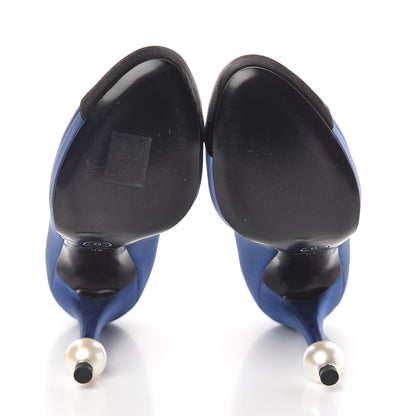 Chanel Satin CC Pearl Cap Toe Platform Pumps 37 Blue Black 7 of 7