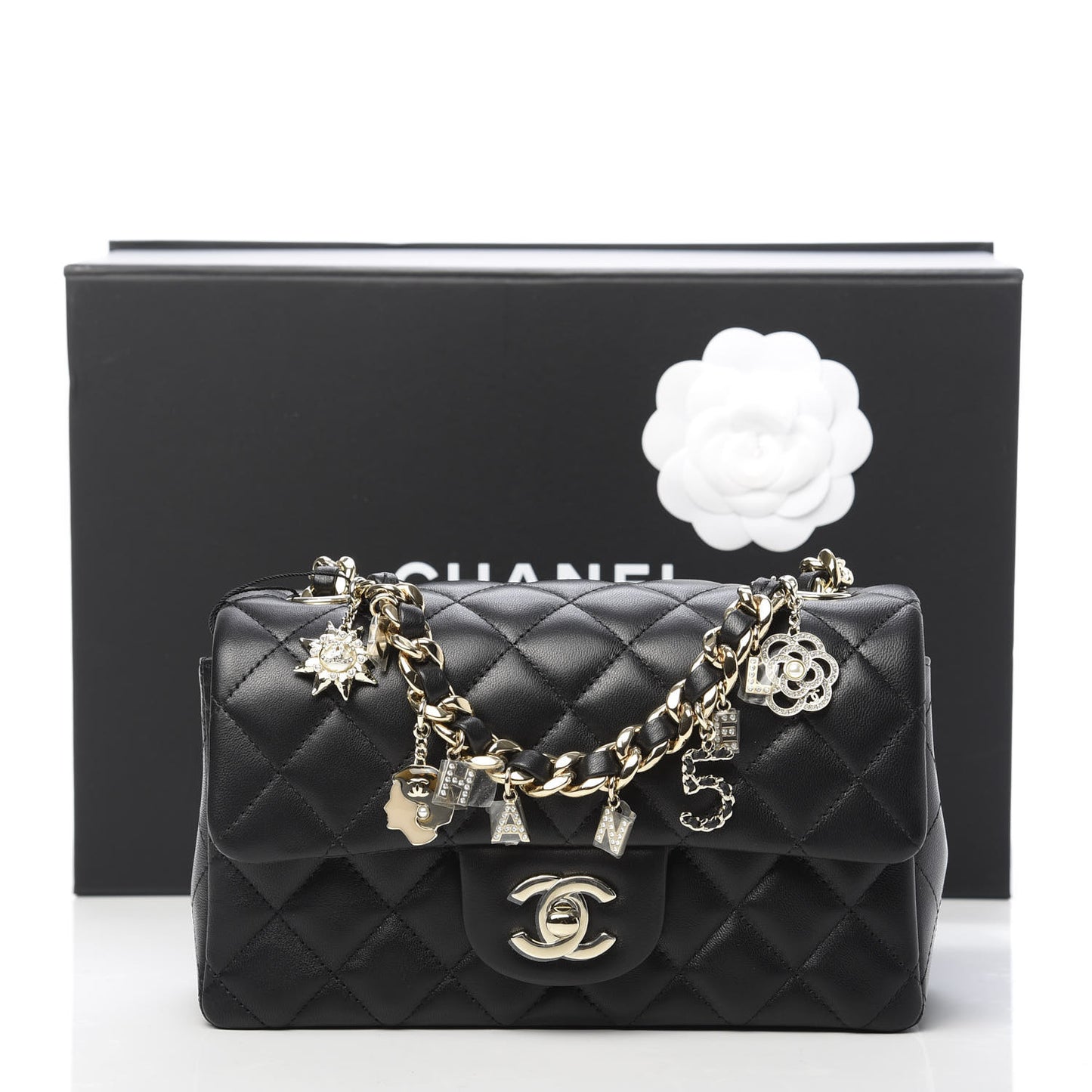 Lambskin Quilted Mini Coco Charms Rectangular Flap Black
