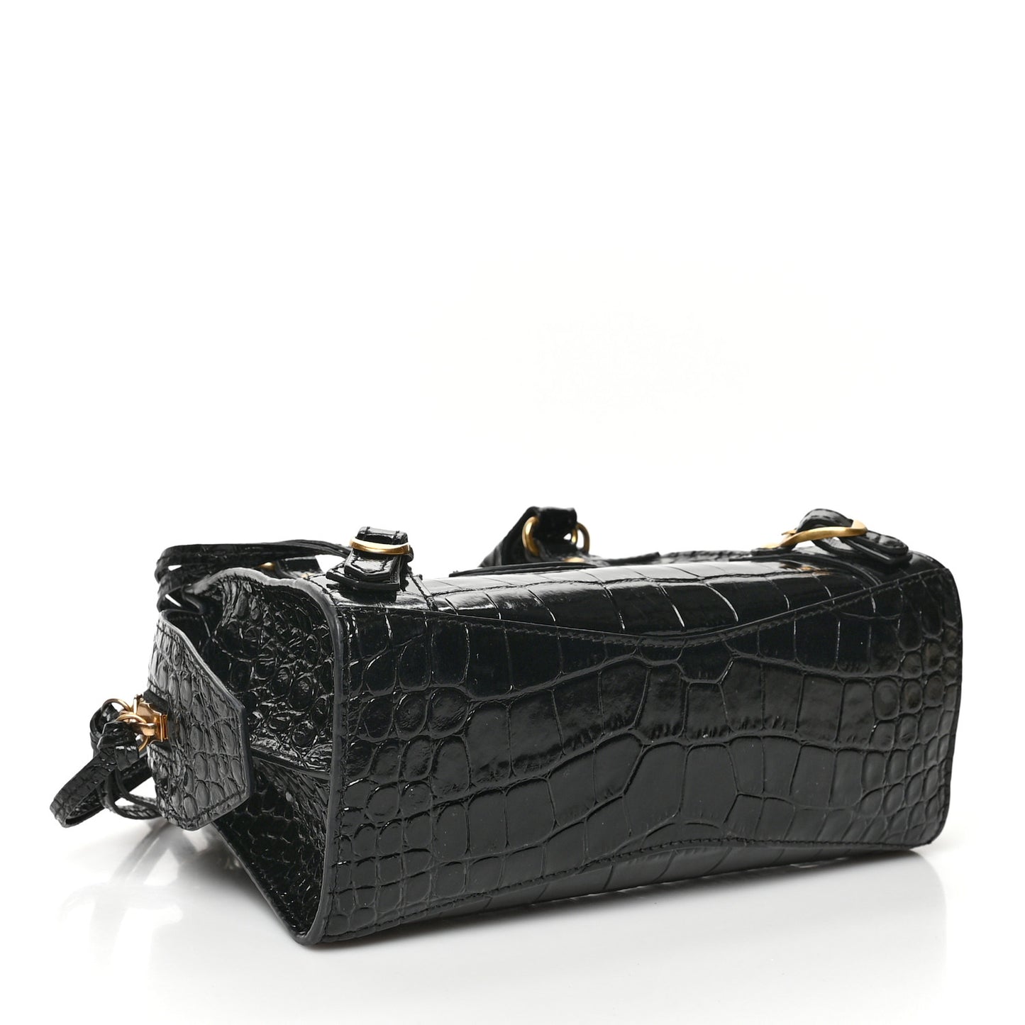 Shiny Supple Calfskin Crocodile Embossed Neo Classic Gold Hardware Mini City Black