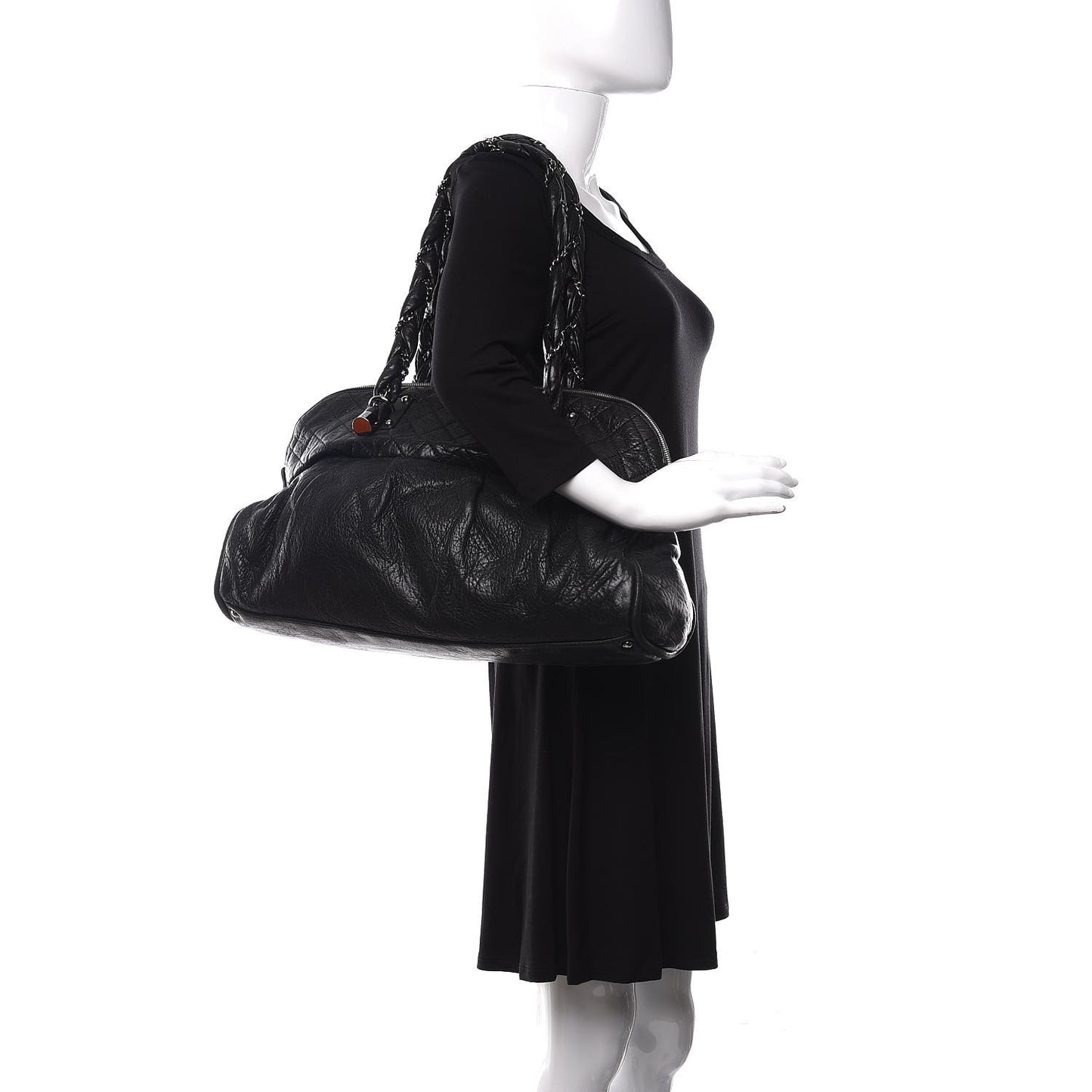 Distressed Lambskin Large Lady Braid Satchel Black
