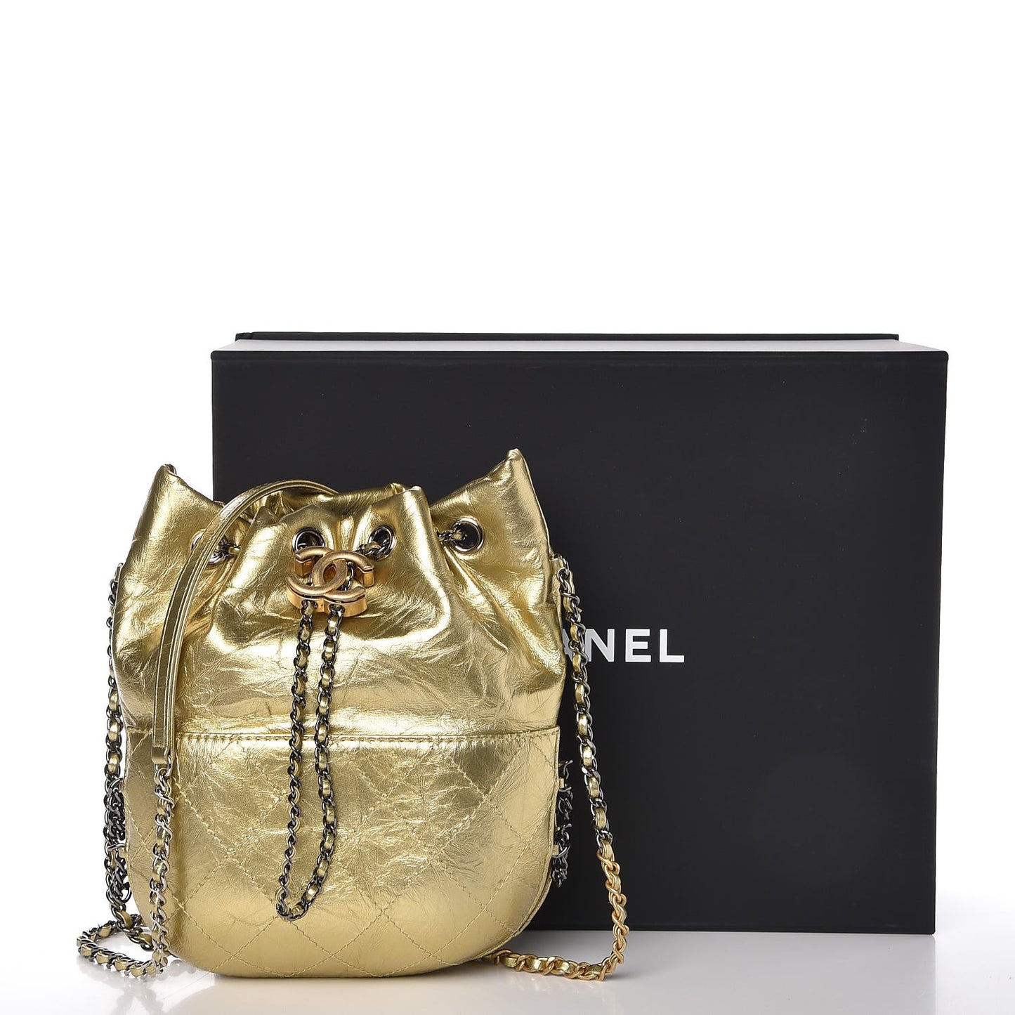 Metallic Aged Calfskin Quilted Small Gabrielle Bucket Gold