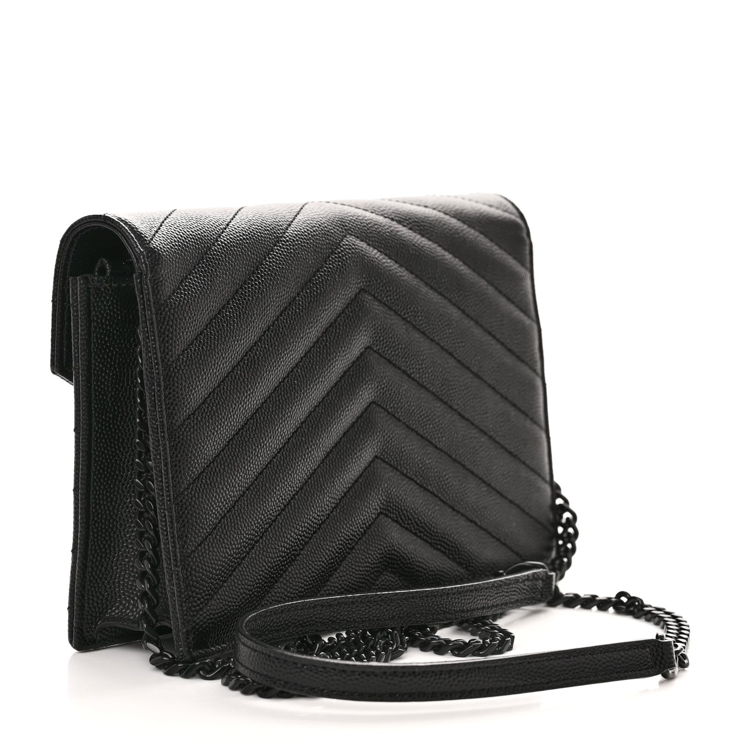 Saint Laurent Grain De Poudre Matelasse Chevron Monochrome Monogram Envelope Chain Wallet Black 3 of 13