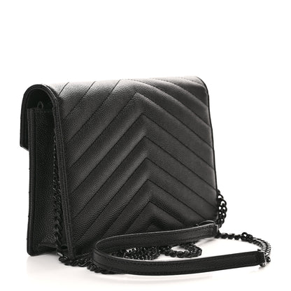 Saint Laurent Grain De Poudre Matelasse Chevron Monochrome Monogram Envelope Chain Wallet Black 3 of 13