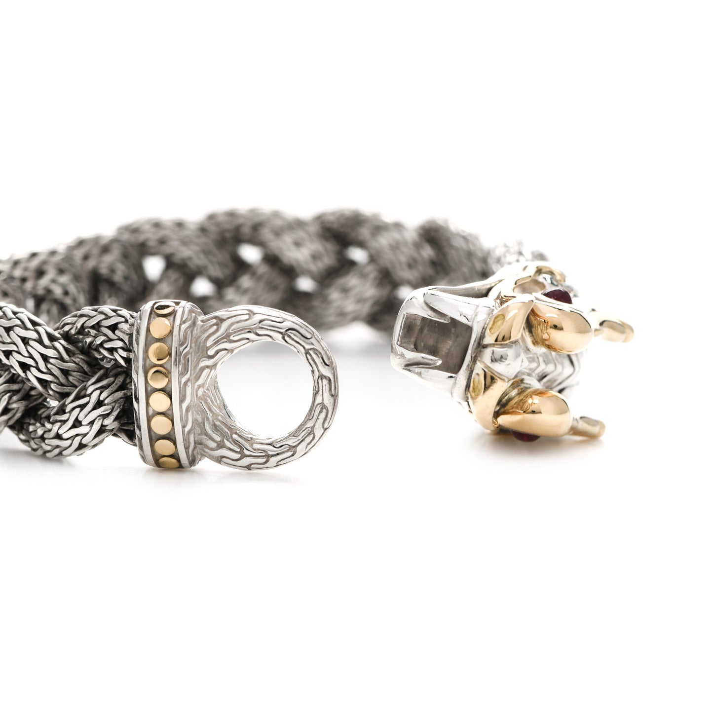 Sterling Silver 18K Yellow Gold Ruby Naga Dragon Braided Chain Bracelet