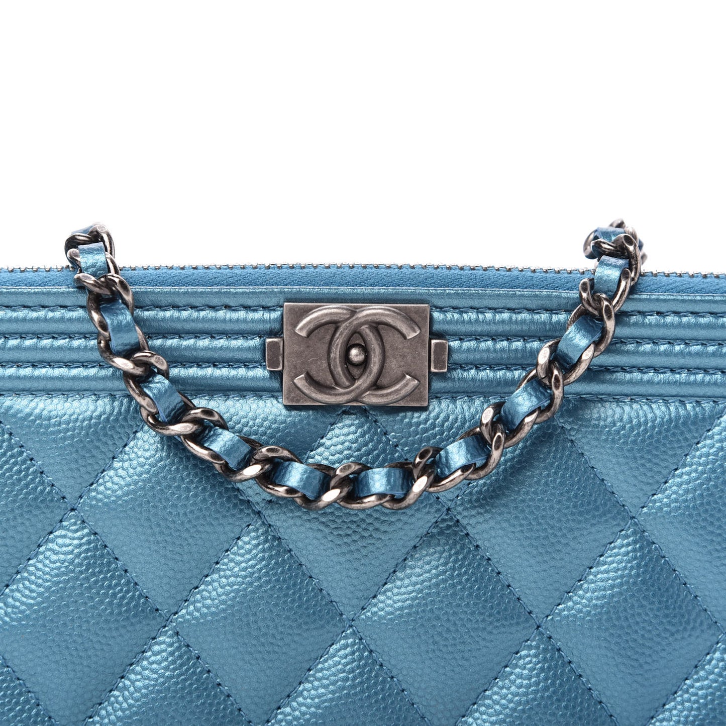 Metallic Caviar Quilted Small Boy Clutch With Chain Turquoise