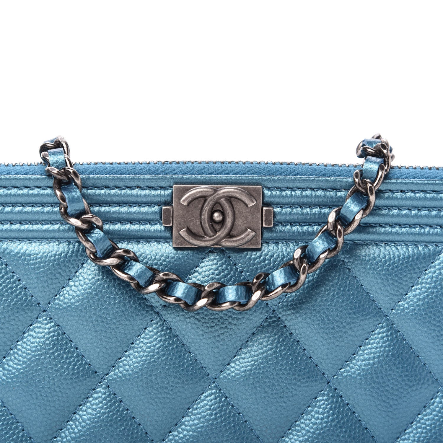 Chanel Metallic Caviar Quilted Small Boy Clutch With Chain Turquoise 10 of 11
