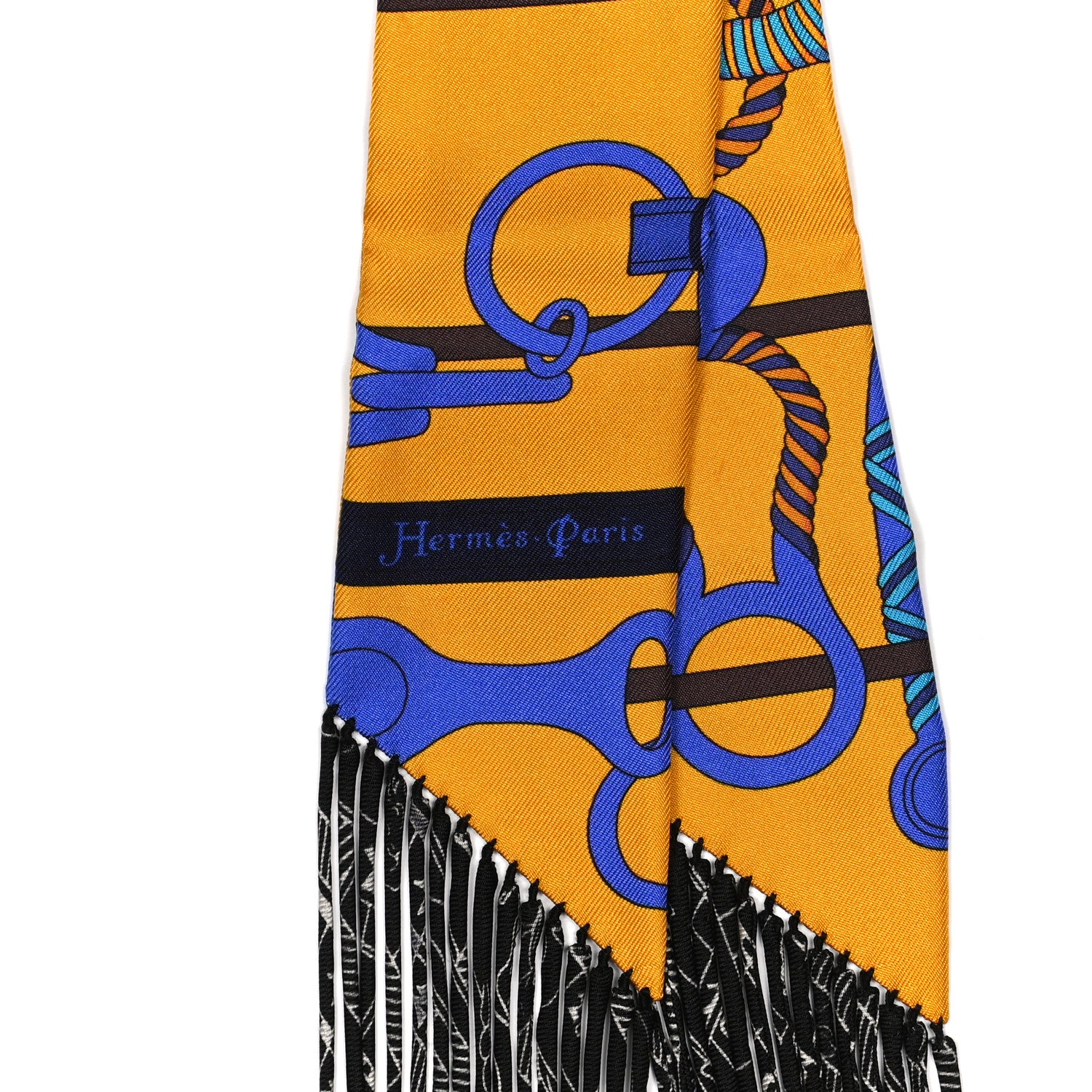 Hermes Silk Panoplie Equestre Fringed Twilly Curry Bleu 3 of 4