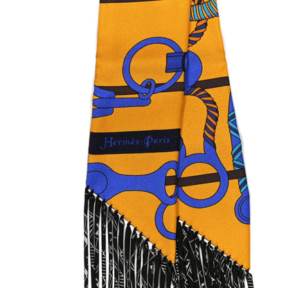 Hermes Silk Panoplie Equestre Fringed Twilly Curry Bleu 3 of 4