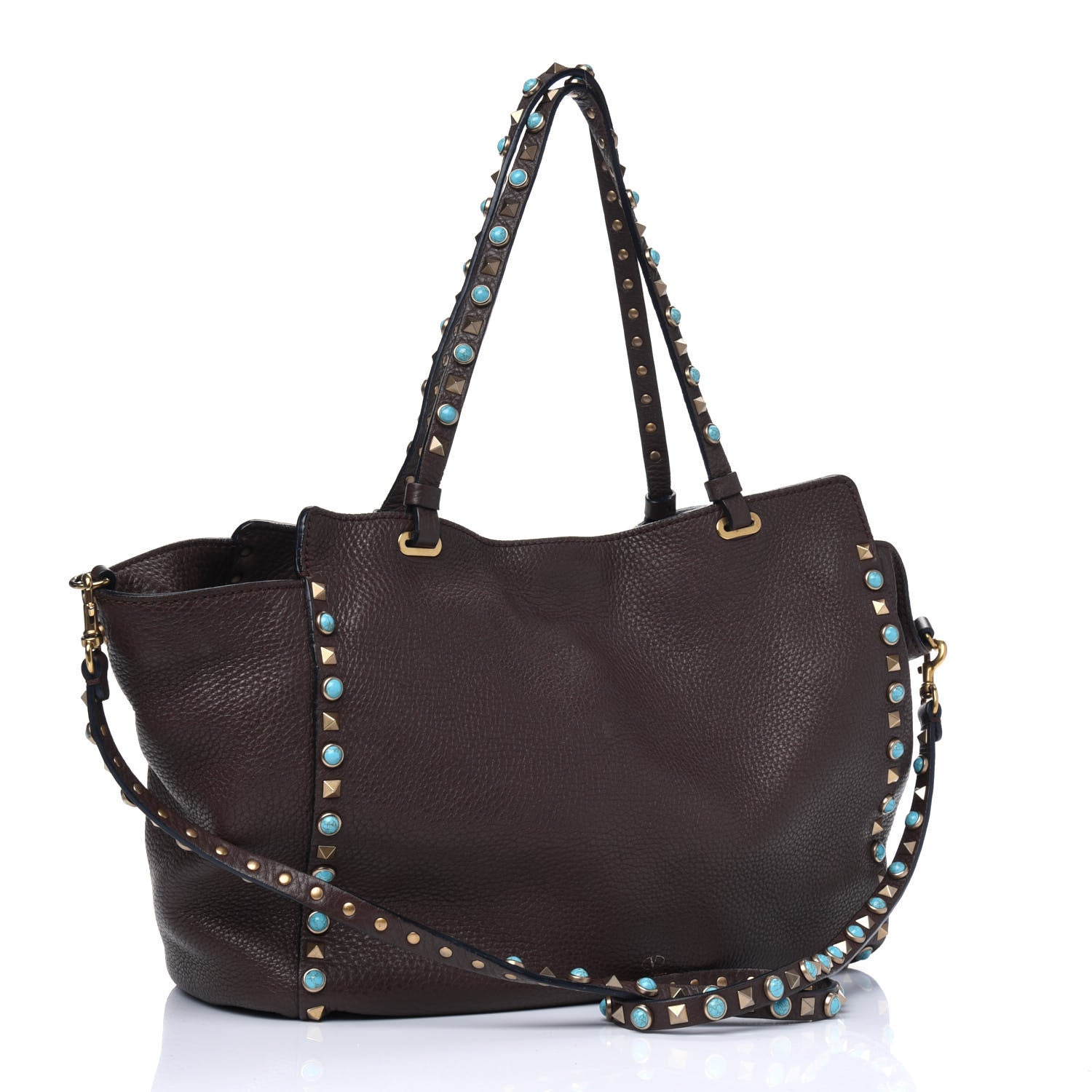 Valentino Garavani Pebbled Calfskin Turquoise Medium Rockstud Rolling Tote Rubin 2 of 5