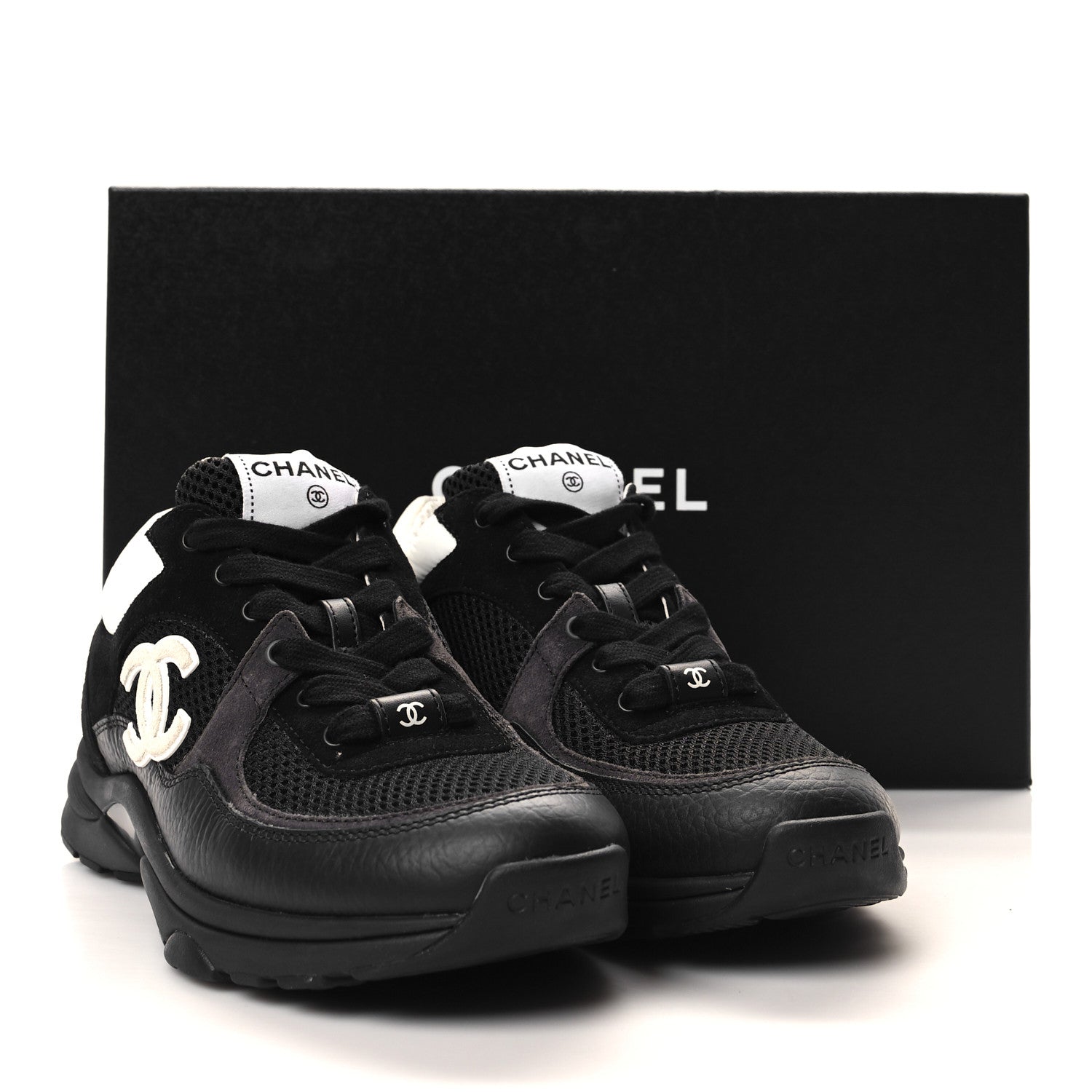 Chanel Mesh Suede Grained Calfskin Womens CC Sneakers 37 Black White 8 of 8