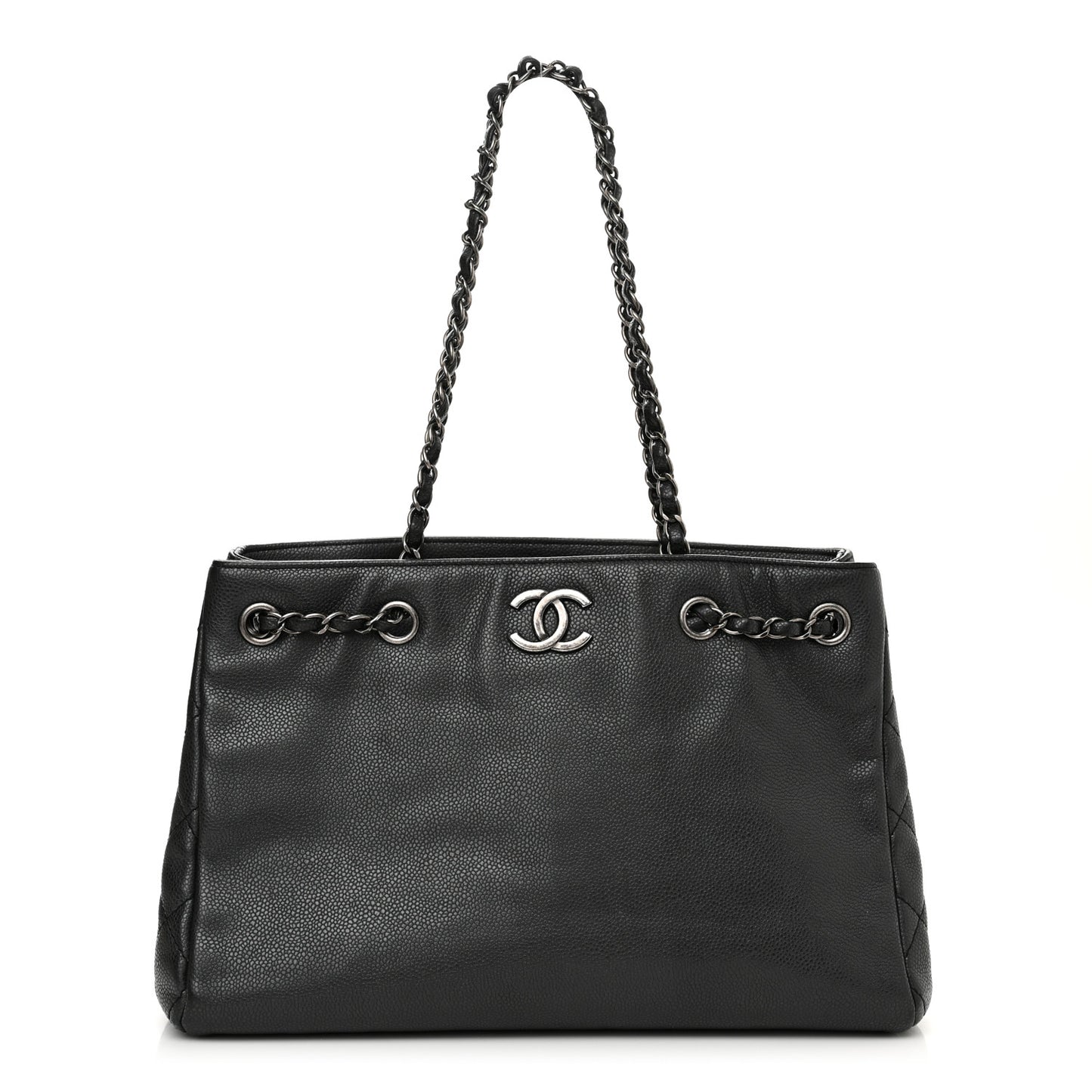 Metallic Grained Calfskin Medium Woven Chain Shopping Tote Black