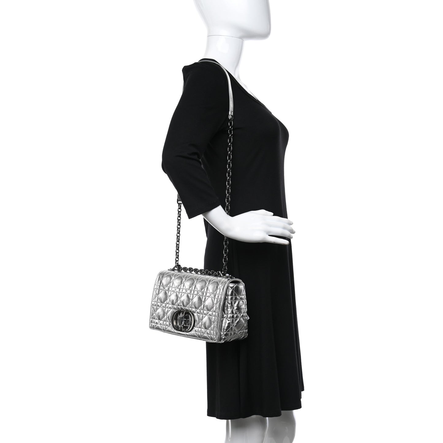 Metallic Calfskin Cannage Medium Caro Bag Argent