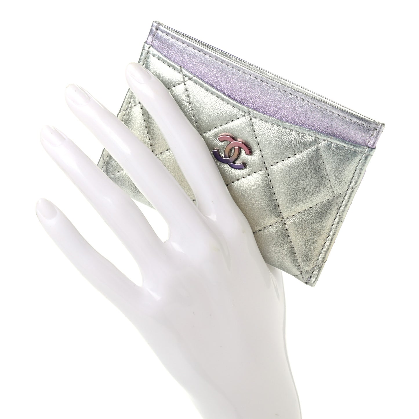 Gradient Metallic Calfskin Quilted Card Holder Silver Blue Yellow Purple