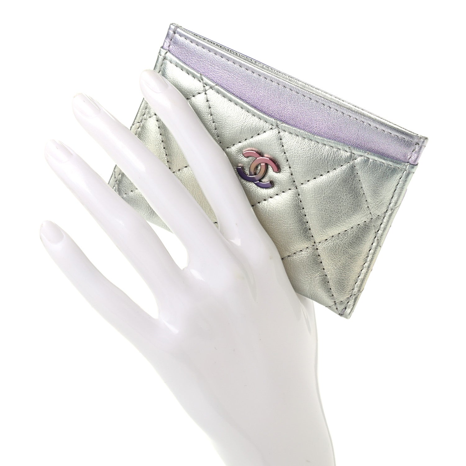 Chanel Gradient Metallic Calfskin Quilted Card Holder Silver Blue Yellow Purple 2 of 8