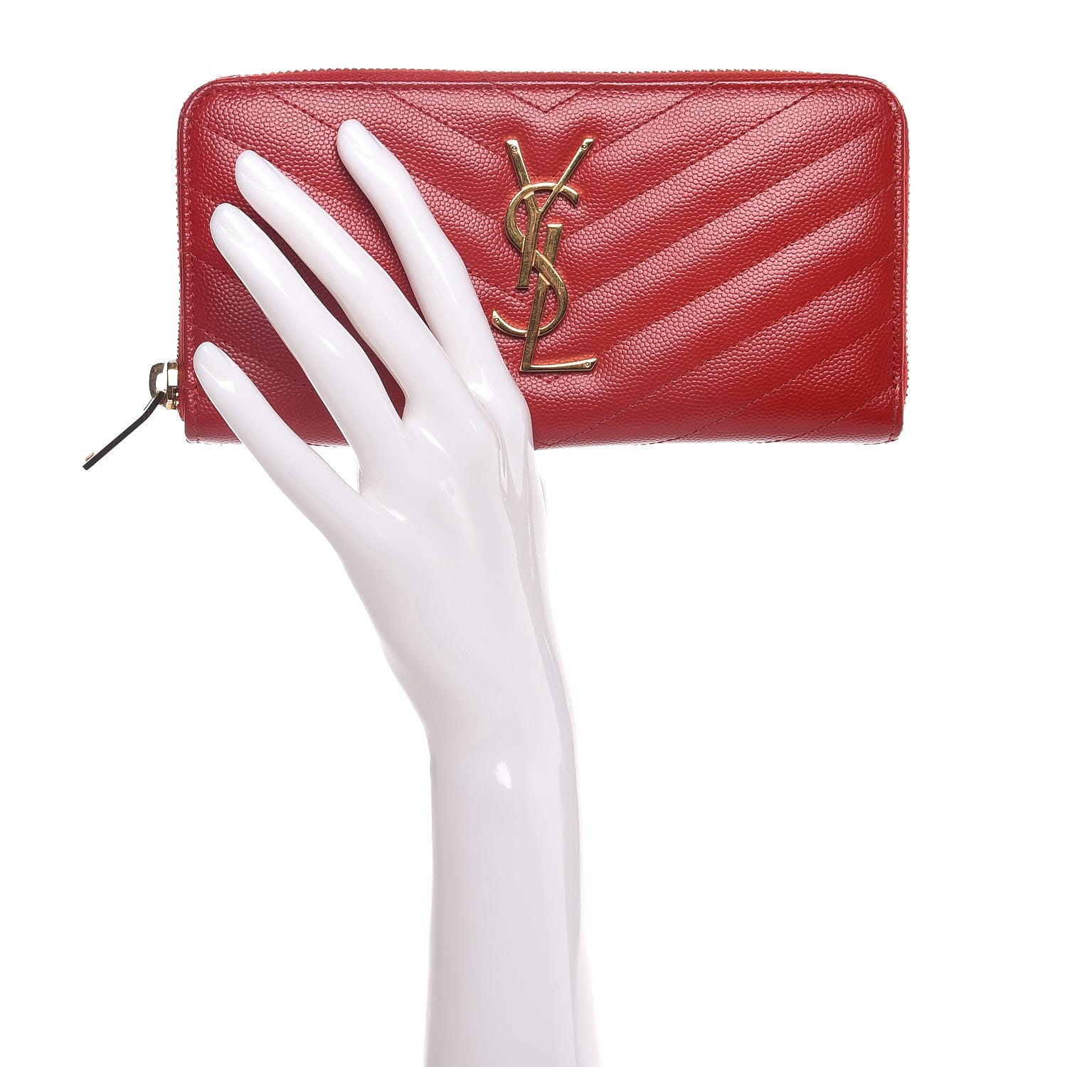 Saint Laurent Grain De Poudre Matelasse Chevron Monogram Zip Around Wallet Red 2 of 6
