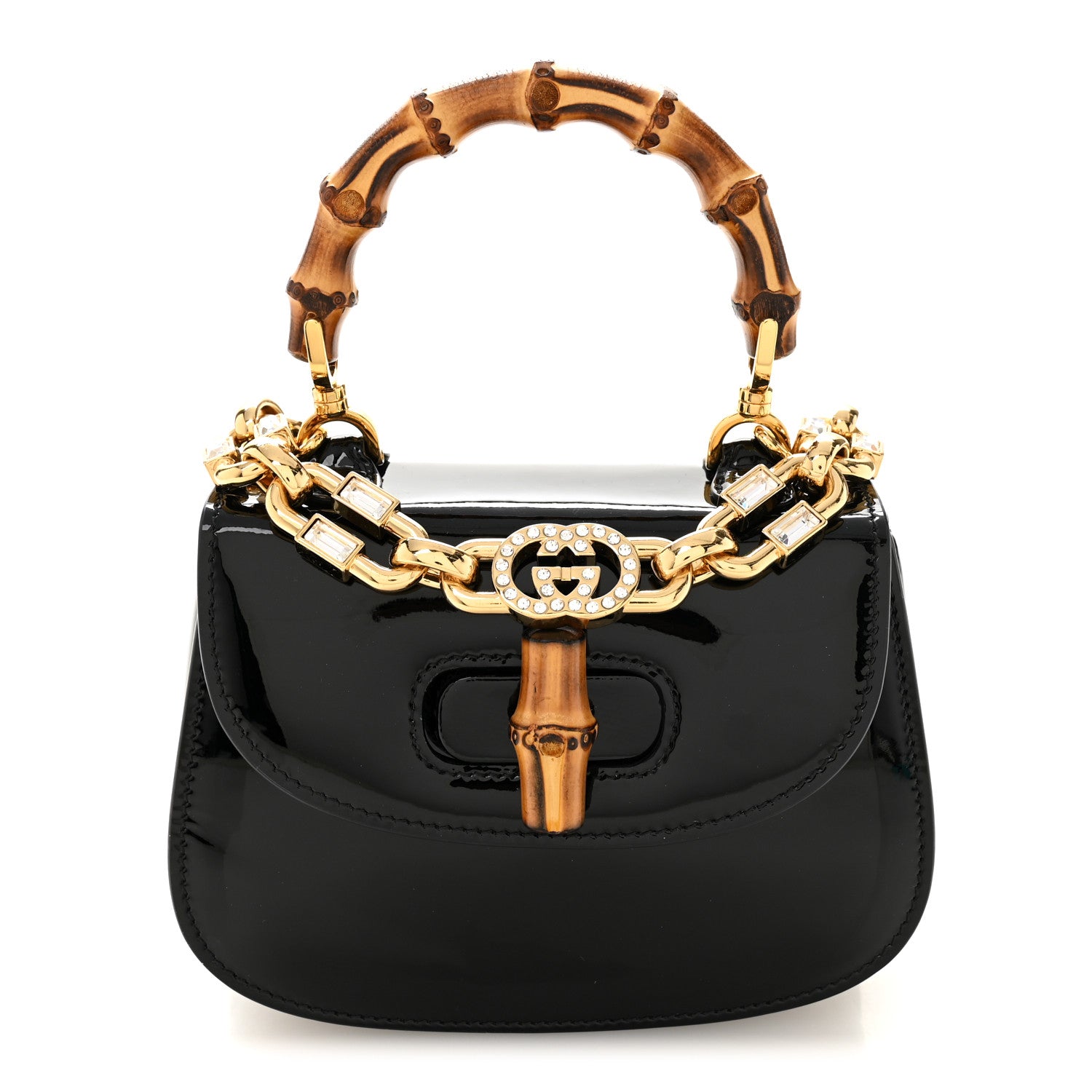Gucci Patent Crystal Mini Bamboo 1947 Top Handle Chain Bag Black 1 of 11