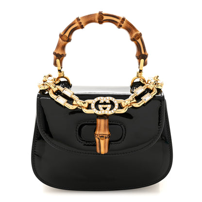 Gucci Patent Crystal Mini Bamboo 1947 Top Handle Chain Bag Black 1 of 11