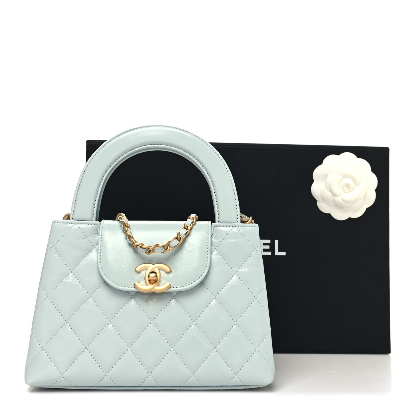 Shiny Aged Calfskin Quilted Nano Kelly Shopper Light Blue