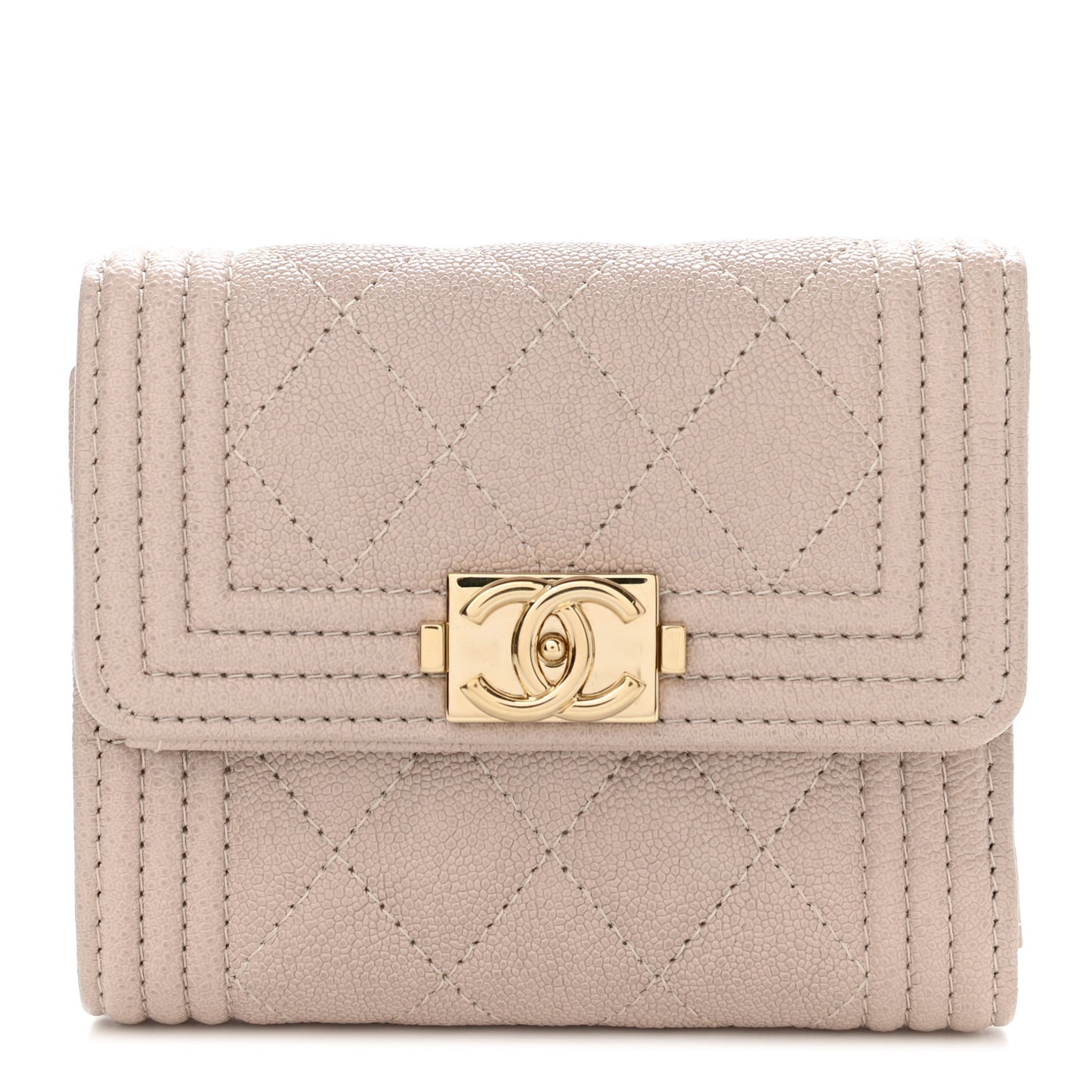 Caviar Quilted Compact Boy Flap Wallet Beige