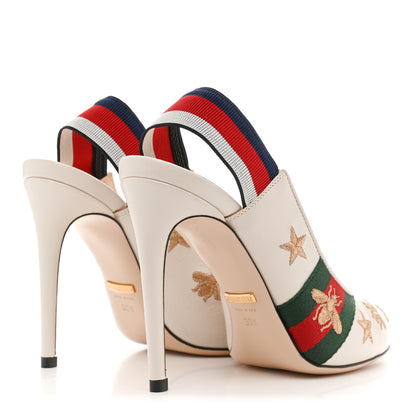 Gucci Malaga Kid Web Bee Star Embroidered Sylvie High Heel Slingback Pumps 36.5 White 5 of 13