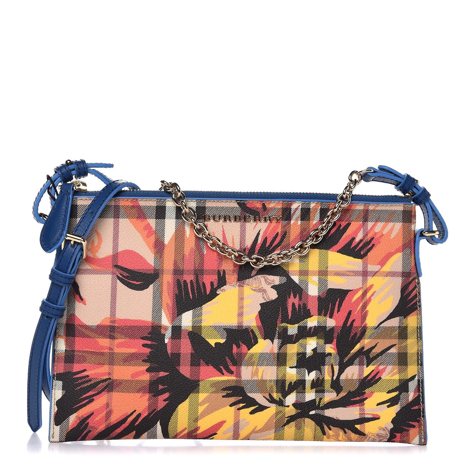 Burberry Haymarket Check Floral Print Peyton Wristlet Mineral Blue Burnt Orange 1 of 8