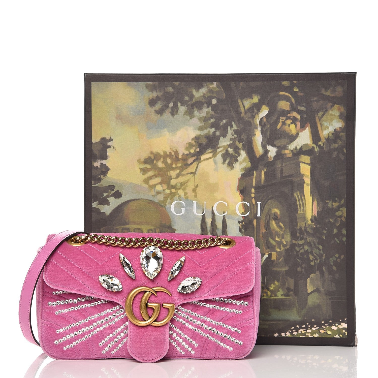 Gucci Velvet Matelasse Marquise Crystals Embroidered Small GG Marmont Shoulder Bag Malva 10 of 10