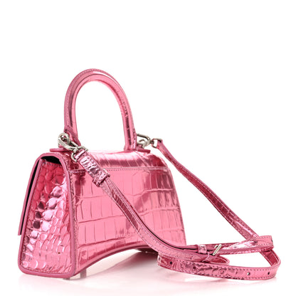 Balenciaga Metallic Shiny Calfskin Crocodile Embossed Hourglass Top Handle Bag XS Pink 3 of 16