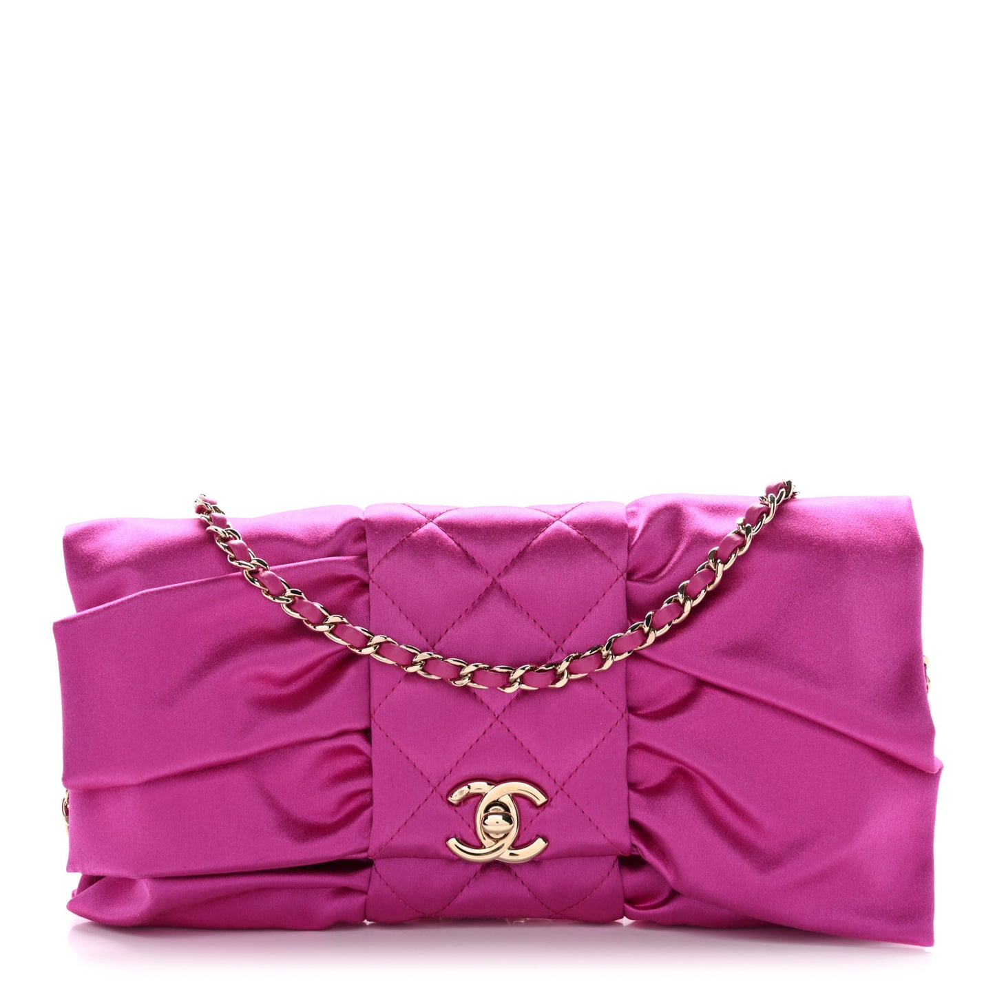 Satin Tie My Bow Flap Clutch With Chain Dark Pink