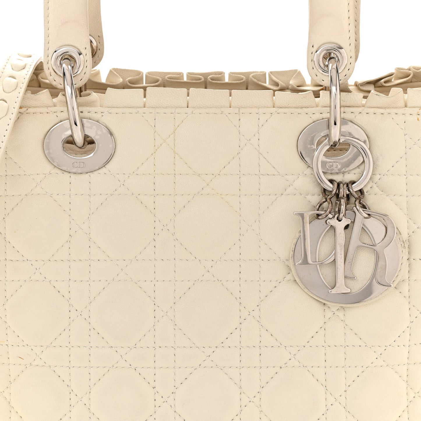 Lambskin Cannage Ruffle Trim Medium Lady Dior Off White