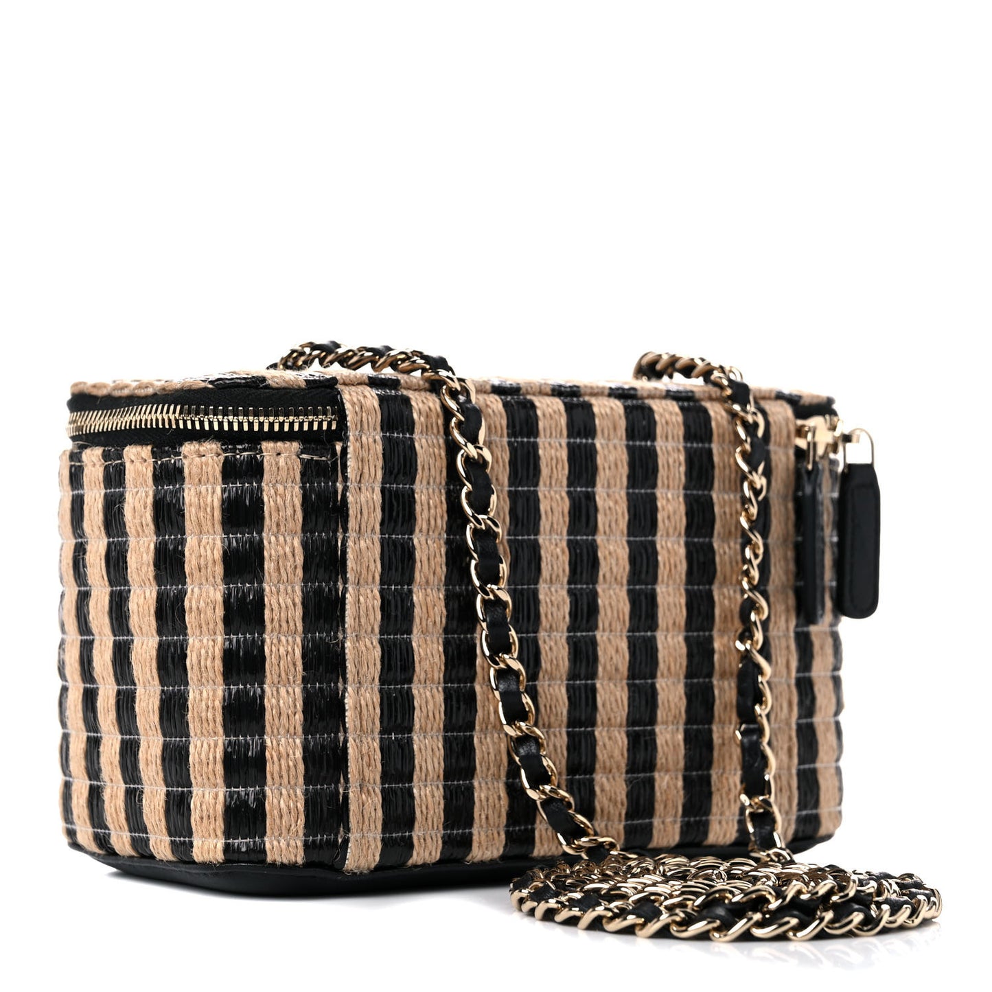 Raffia Jute Striped Small Vanity Case With Chain Black Beige