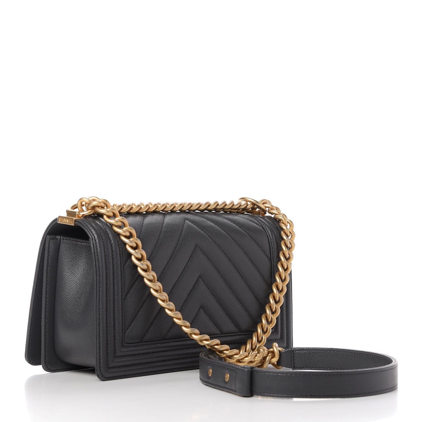 Caviar Chevron Quilted Medium Boy Flap Dark Grey