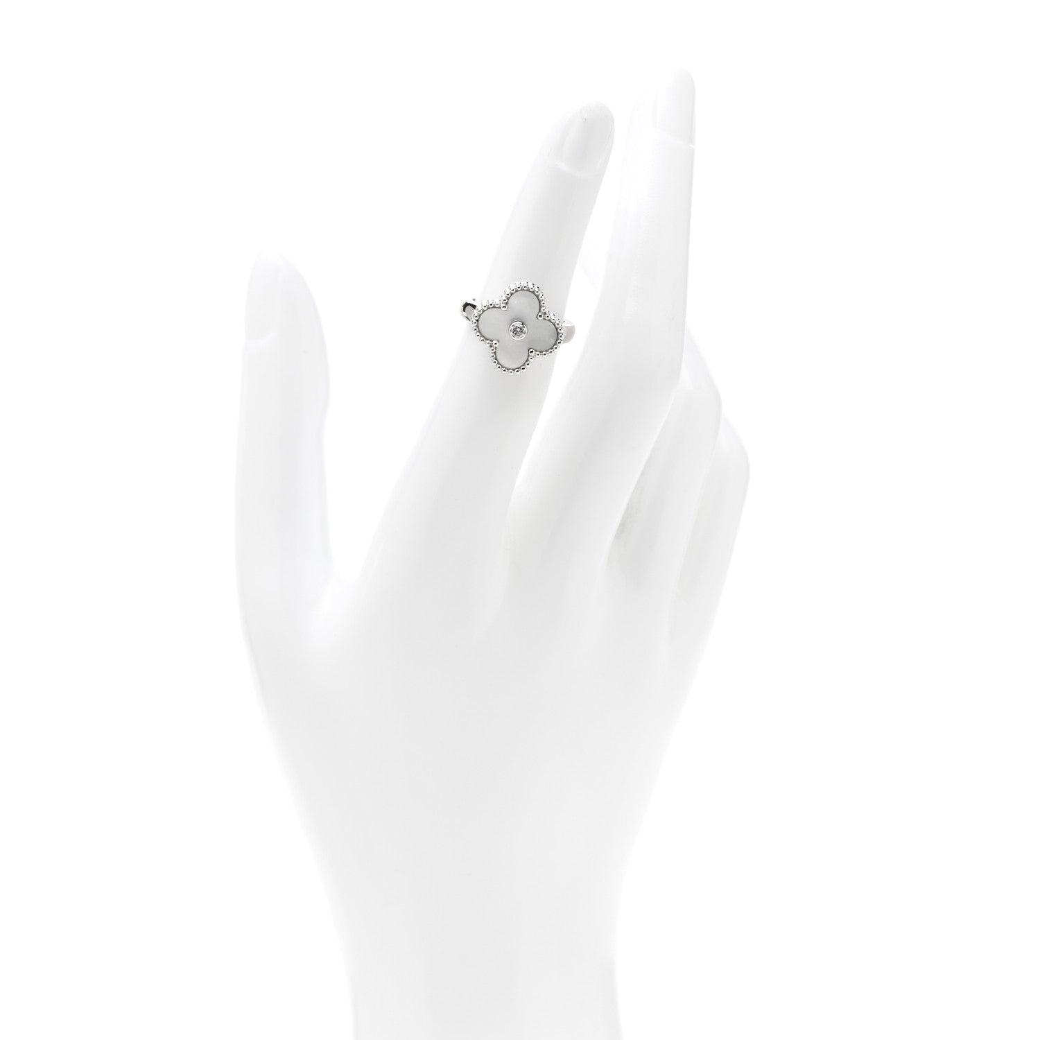 Van Cleef & Arpels 18K White Gold Diamond Mother of Pearl Vintage Alhambra Ring 48 4.5 2 of 6