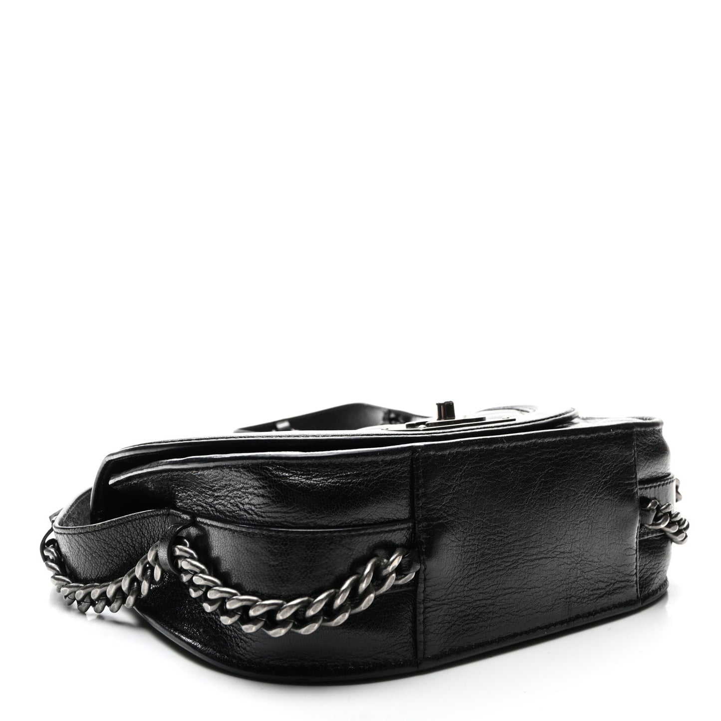 Shiny Goatskin Quilted Small Double Chained Messenger Flap Black