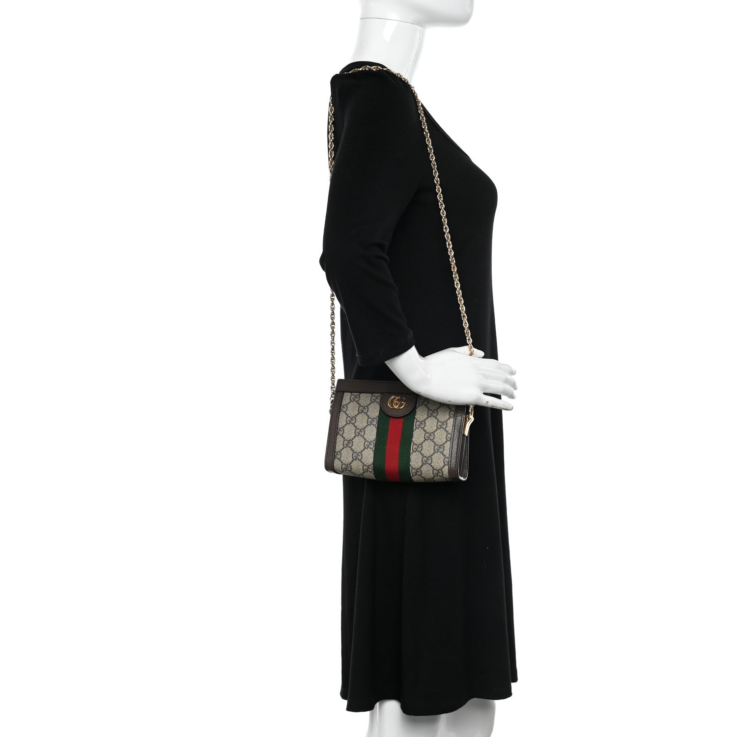 Gucci GG Supreme Monogram Textured Dollar Calfskin Web Mini Ophidia Chain Shoulder Bag Beige Ebony New Acero 2 of 12