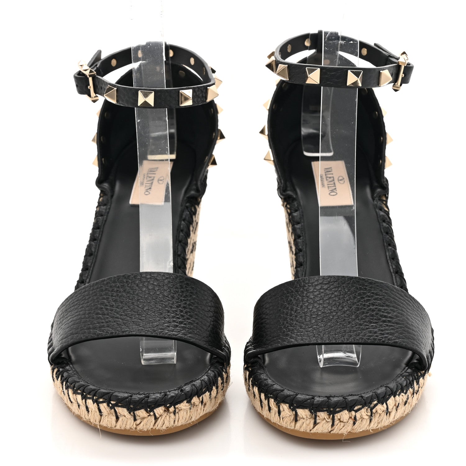Valentino Garavani Grained Calfskin Rockstud Ankle Strap Espadrille 15/105mm Wedge Sandals 39 Black Natural 2 of 9