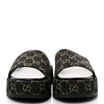 Gucci Jacquard Black Denim GG Monogram Angelina Platform 55mm Slide Sandals 40 Black Ivory 2 of 9