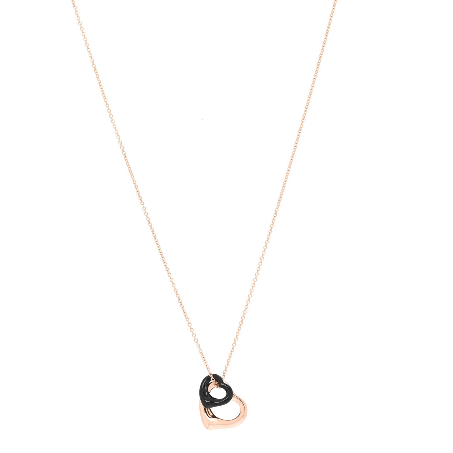 18K Rose Gold Black Jade 16mm Elsa Peretti Double Open Heart Pendant Necklace