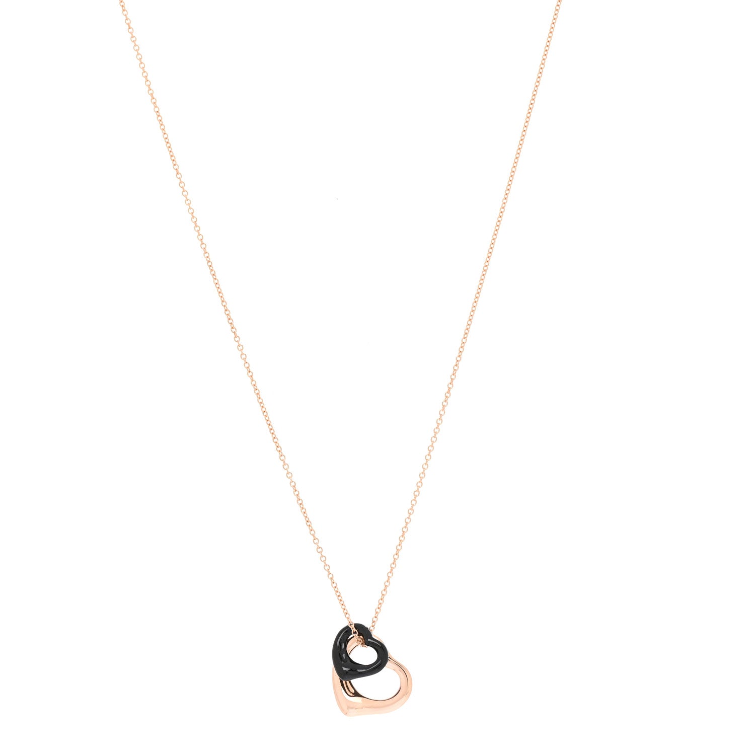 Tiffany 18K Rose Gold Black Jade 16mm Elsa Peretti Double Open Heart Pendant Necklace 1 of 6