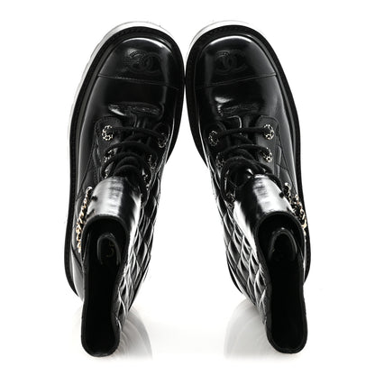 Chanel Shiny Calfskin Quilted Lace Up Combat Boots 37.5 Black 4 of 20