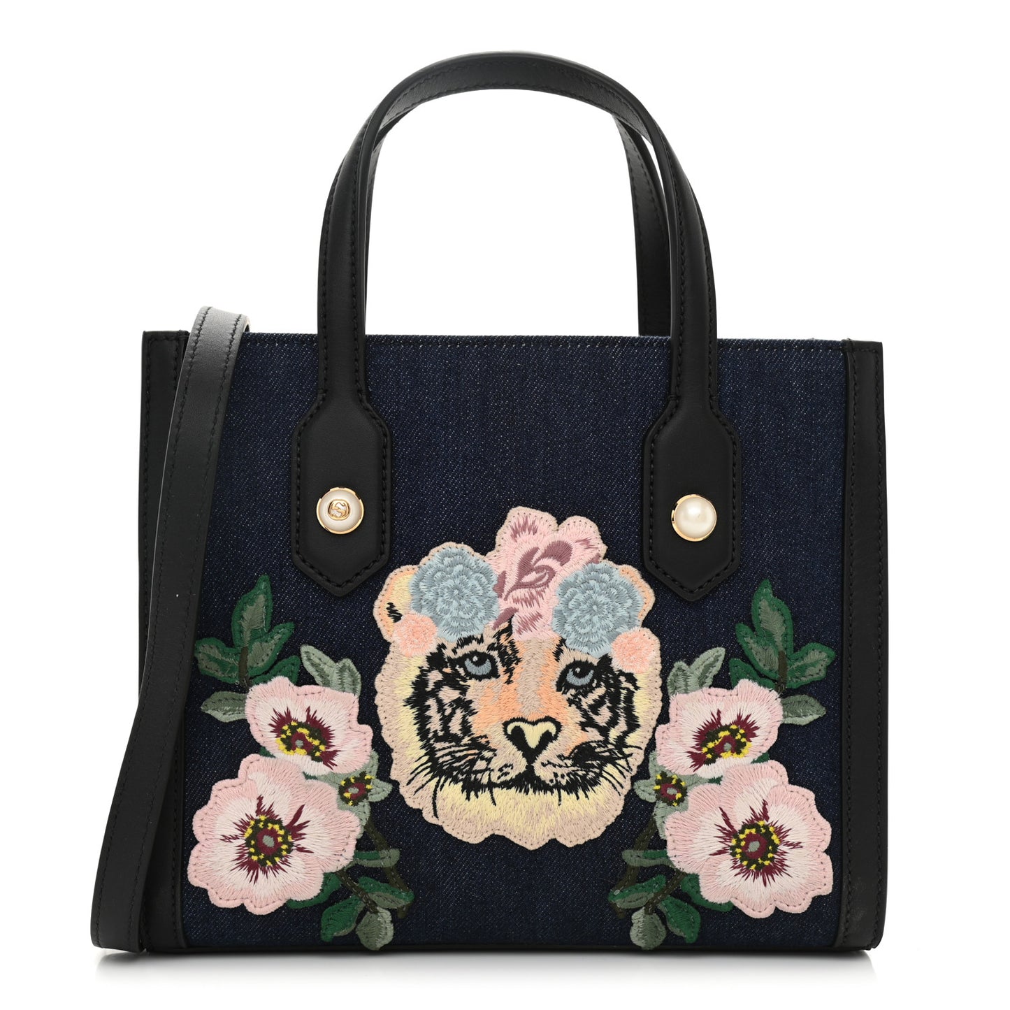 Denim Embroidered Tiger Tote Blue Multicolor