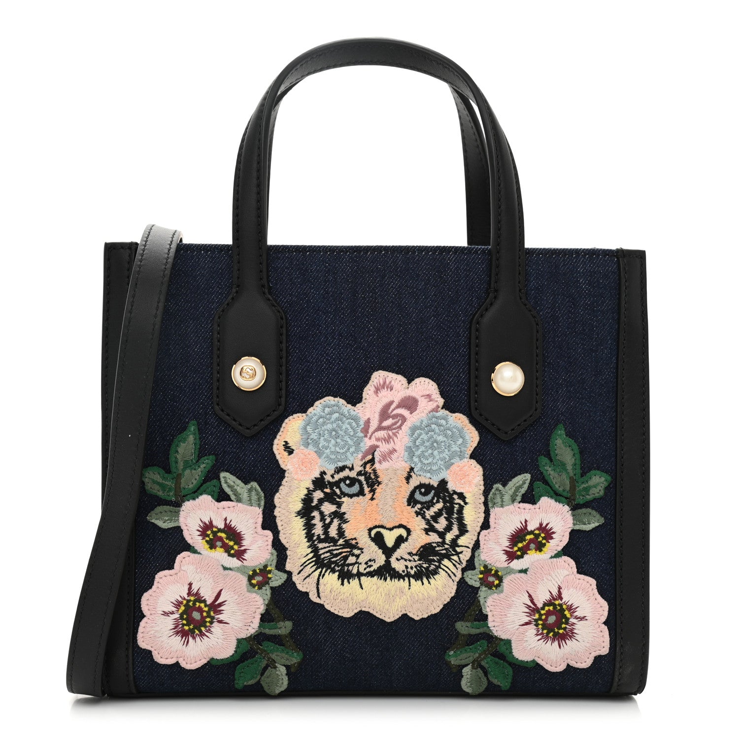 Gucci Denim Embroidered Tiger Tote Blue Multicolor 1 of 10
